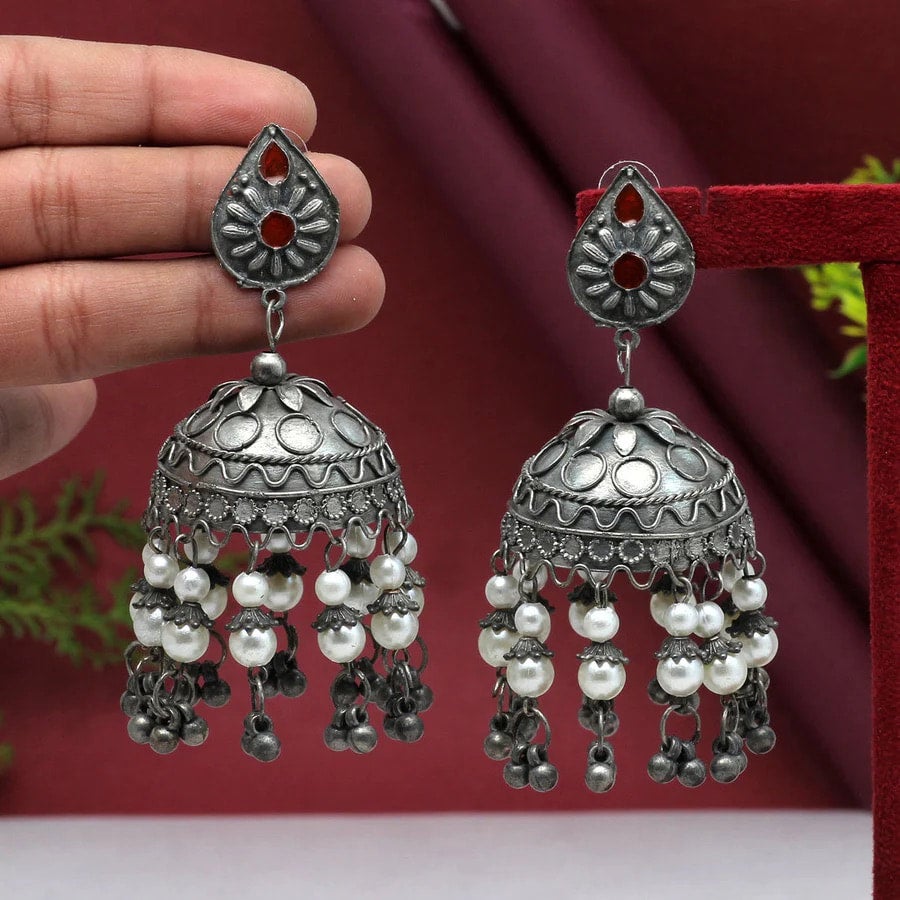 Silver Color Oxidised Big Jhumka Earrings